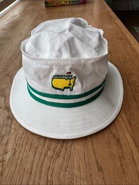 Official Masters White Bucket Hat with Green Stripes and Yellow Logo